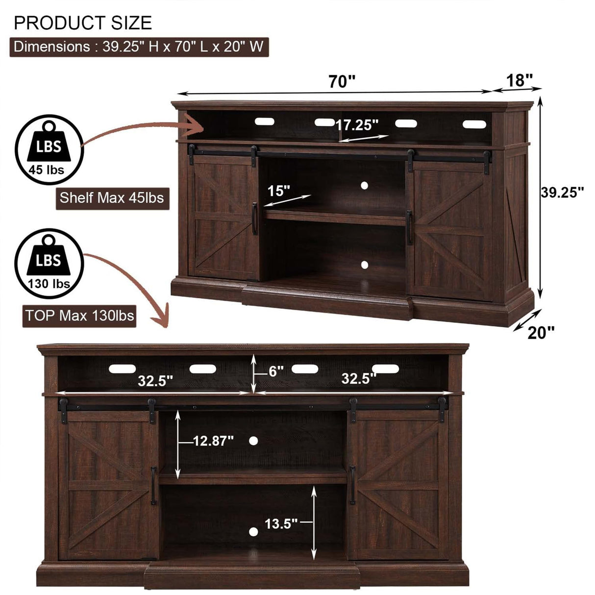 Farmhouse TV Stand for 80 Inch TVs, 39" Tall Entertainment Center w/Storage Cabinets and Sliding Barn Door, Media Console Cabinet w/Soundbar & Adjustable Shelves for Living Room, 70inch (Brown) IFGET