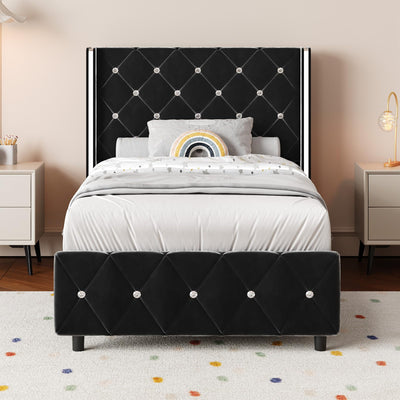 Twin Bed Frames, Upholstered Platform Bed Twin Size with Diamond Tufted Headboard, Modern Velvet Bed Frame with Wingback Design, No Box Spring Needed, Easy Assembly, Black