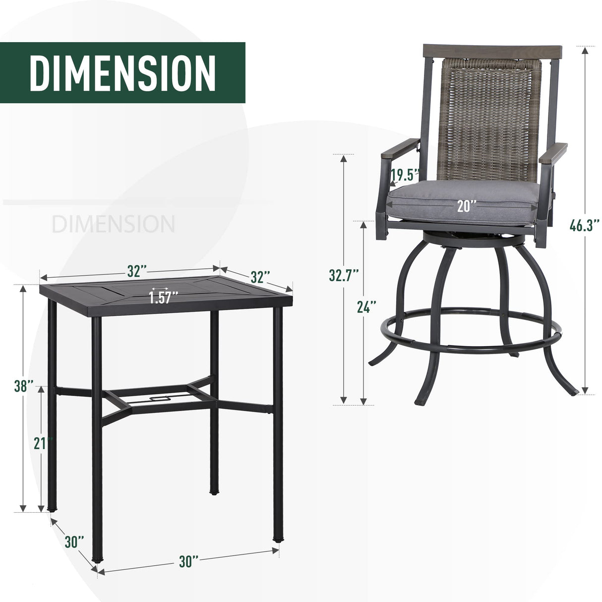 PHI VILLA 3 PCS Patio Bar Set, Bar Height Chair with 3.5" Thicker Cushion & Retro-Metal Square Table,Sturdy and Durable,Outdoor Height Bar Dining Set for Poolside,Yard PHI VILLA