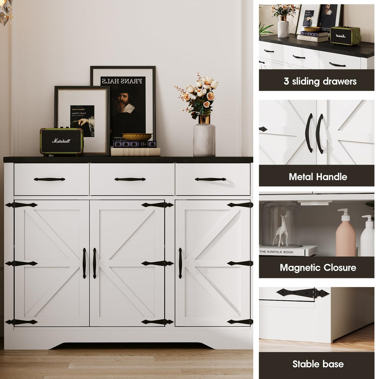 Maupvit 42.5" Farmhouse Buffet Cabinet with Storage, Coffee Bar Cabinet with 3 Drawers and 3 Barn Doors, Sideboard Cabinet, Wood Buffet Table Storage Cabinet for Kitchen, Dining Room,Living Room,White Maupvit