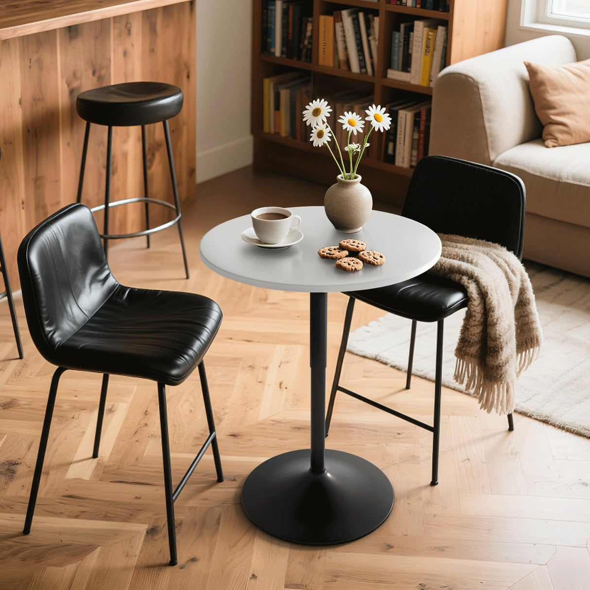 Athena Collection Round Bar Table, Adjustable Height Pub Table, 23.5'' Plain White Design High Top Table with MDF Desktop, for Bar/Pub/Bistro/Cocktail (White) Athena Collection