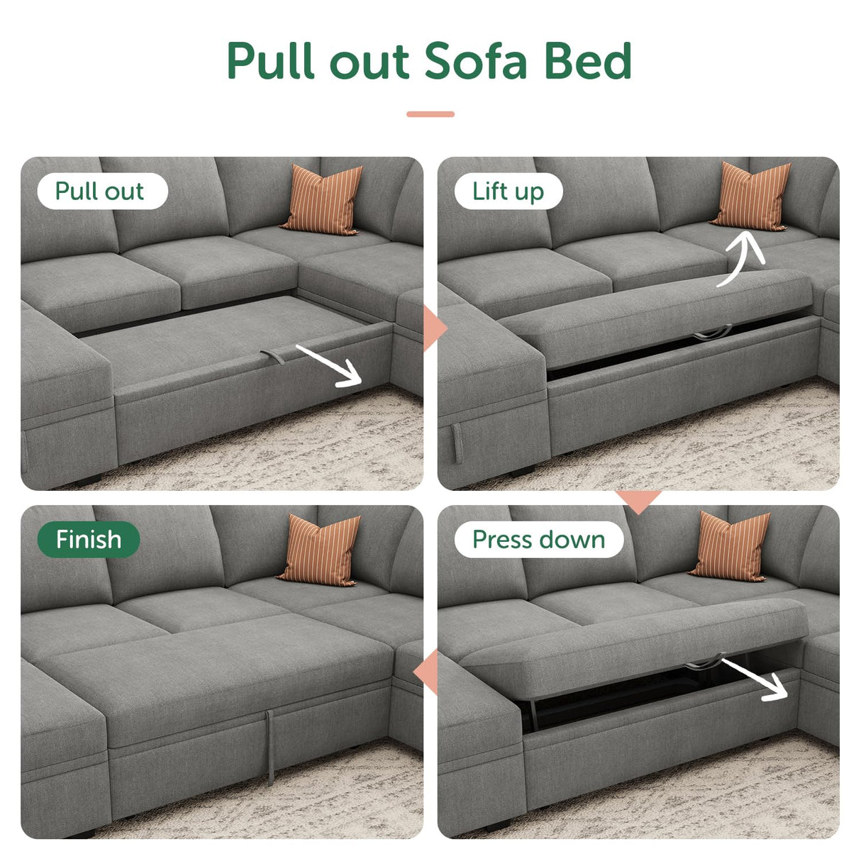 HONBAY Modular Sectional Sleeper Sofa with Pull Out Bed, Chenille L Shaped Couch with Storage Seats, Convertible Sectional Couches for Living Room, Warm Grey HONBAY