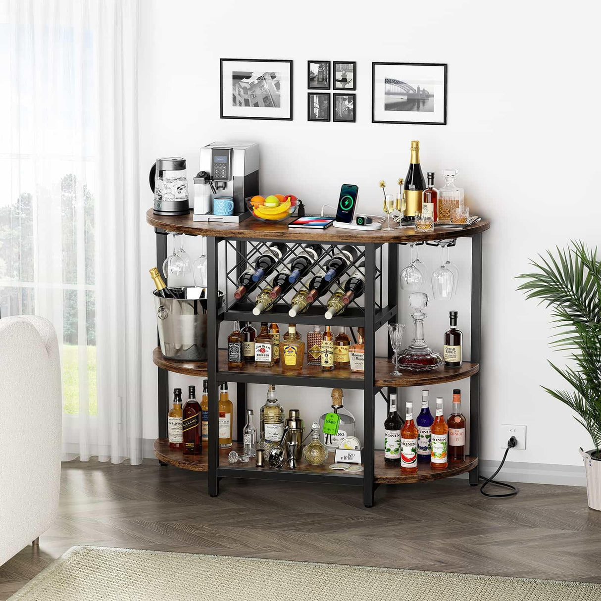 Zarler LED Mini Bar Table Cabinet with Power Outlet and 4-Tier Storage in Brown Zarler