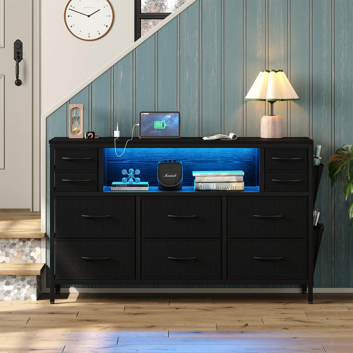 CollaredEagle 10-Drawer Dresser with Charging Station, Storage Drawers with LED, TV Stand for up to 55inch TV, Fabric Chest of Drawers for Closet, Living Room,Entryway, Bedroom, Black CollaredEagle