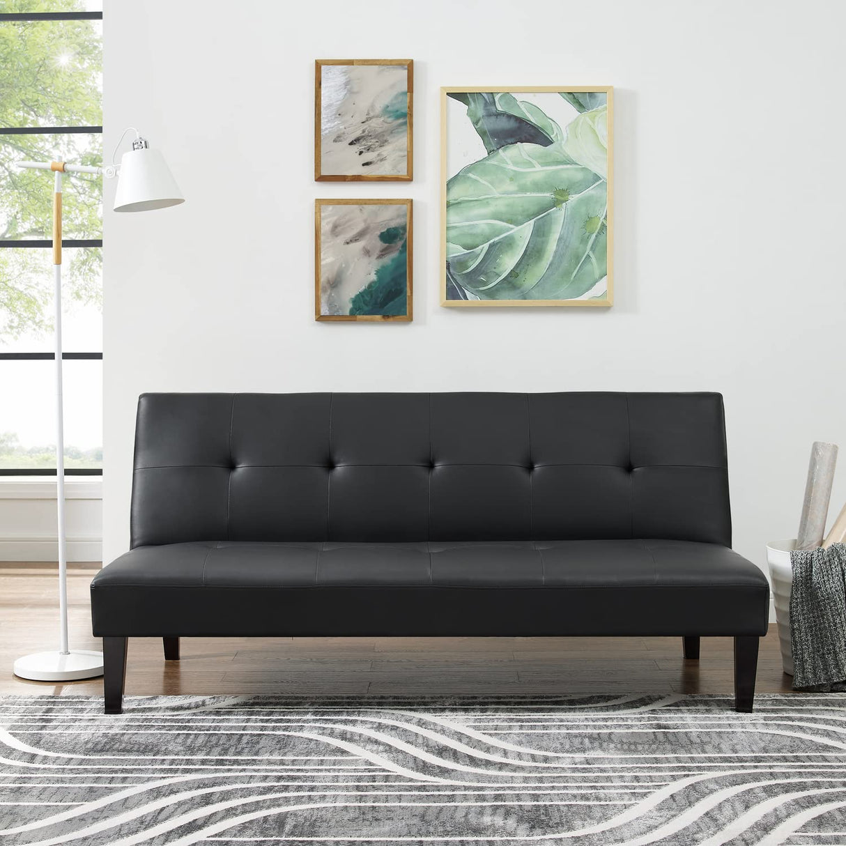 Naomi Home Black Futon Sofa Bed, Faux Leather Futon Couch, Black Sofa Bed Couch Convertible with Wooden Legs, Folding, Reclining Small Couch Bed, Button Tufted Futon Bed for Living Room Naomi Home