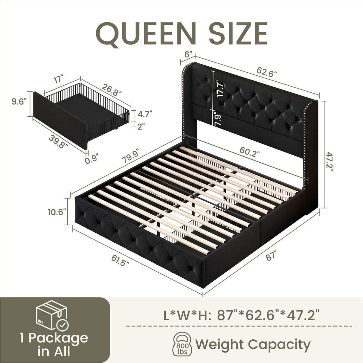 LARMACE Queen Size Bed Frame with 4 Storage Drawers and Wingback Headboard Upholstered Platform Beds Velvet Tufted Bed Frame with Wooden Slats Support, Easy Assembly, Black LARMACE