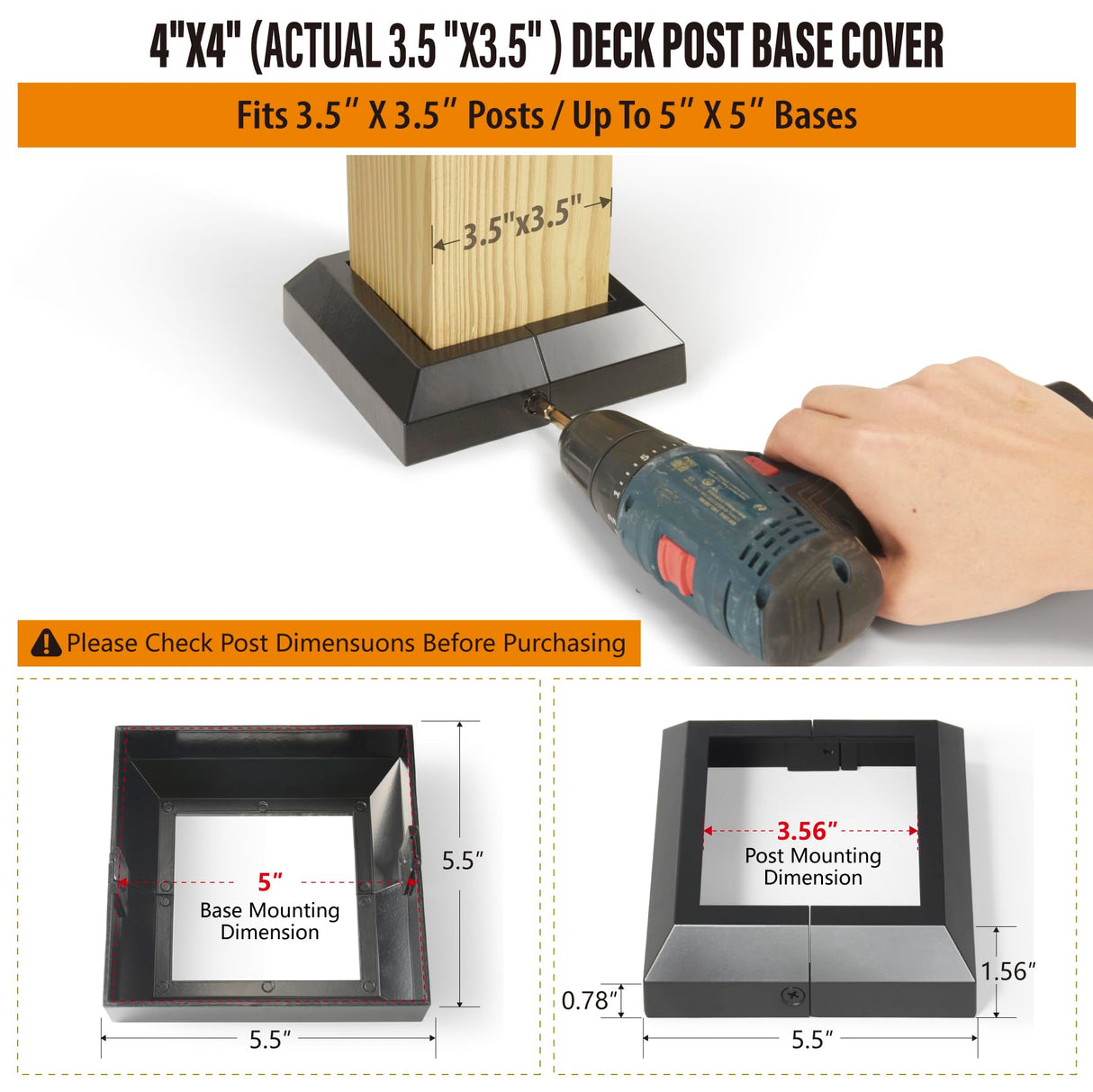 Wocepu 4 pcs 4x4 (Actual: 3.5"x3.5") Aluminum Deck Post Base Cover, for Deck railings, Stairs, Patios, Porches Split Deck Post Skirt (Black) WOCEPU