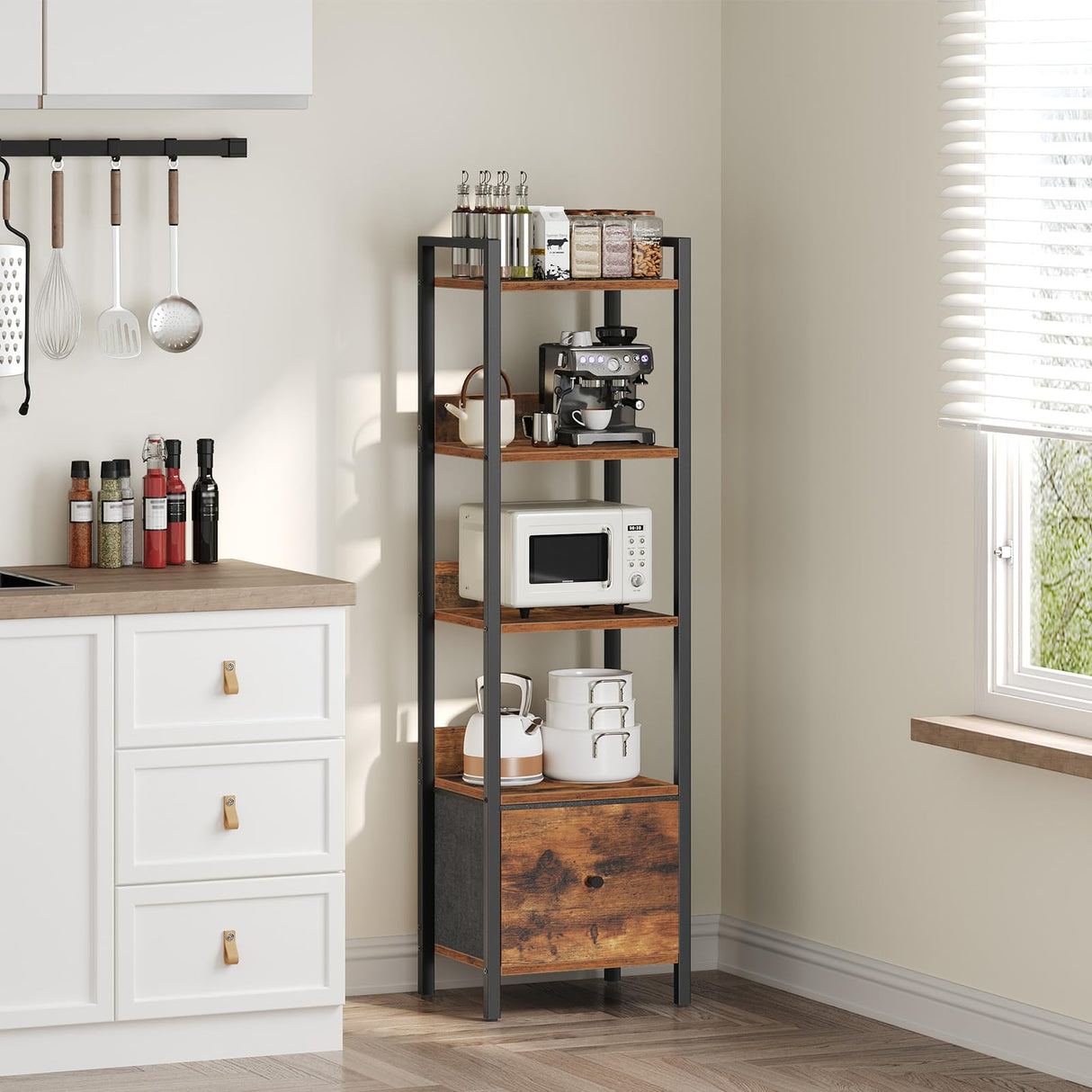 MAHANCRIS Bookshelf, 5-Tier Bookcase with Drawer, Small Book Shelf for Small Space, Storage Shelf Organizer, for Living Room, Bedroom, Study, Kitchen, Rustic Brown and Black BKHR55101 MAHANCRIS