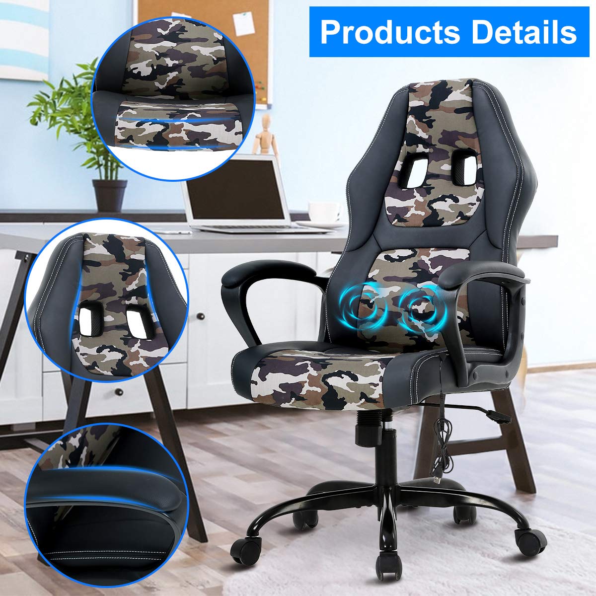 Gaming Chair Computer Chair Office Chair Ergonomic High Back Massage PC Desk Chair with Lumbar Support & Padded Armrest Racing Style Cheap Adjustable Swivel Chair for Women Men Adult, Camo Dkeli