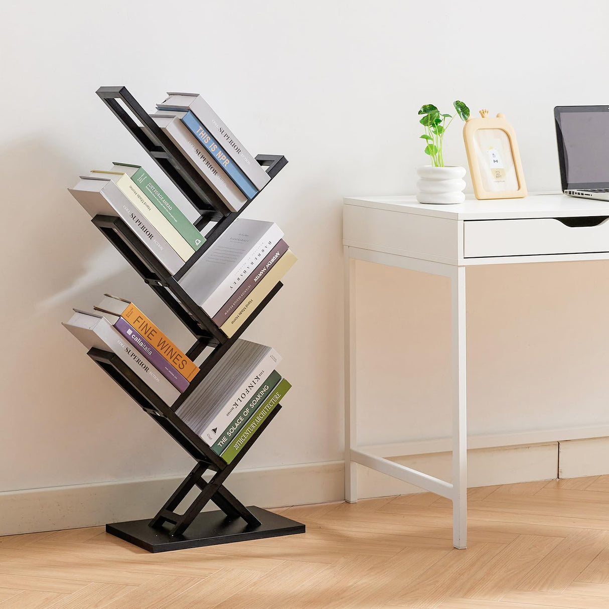 Ymesiyou 5 Tier Tree Bookshelf, Wisdom Tree Bookshelf, Modern Corner Book Shelfe, Small Bookshelf for Small Spaces, Utility Organizer for CDs/Books/Home Office/Living/Bedroom Room-Black Ymesiyou