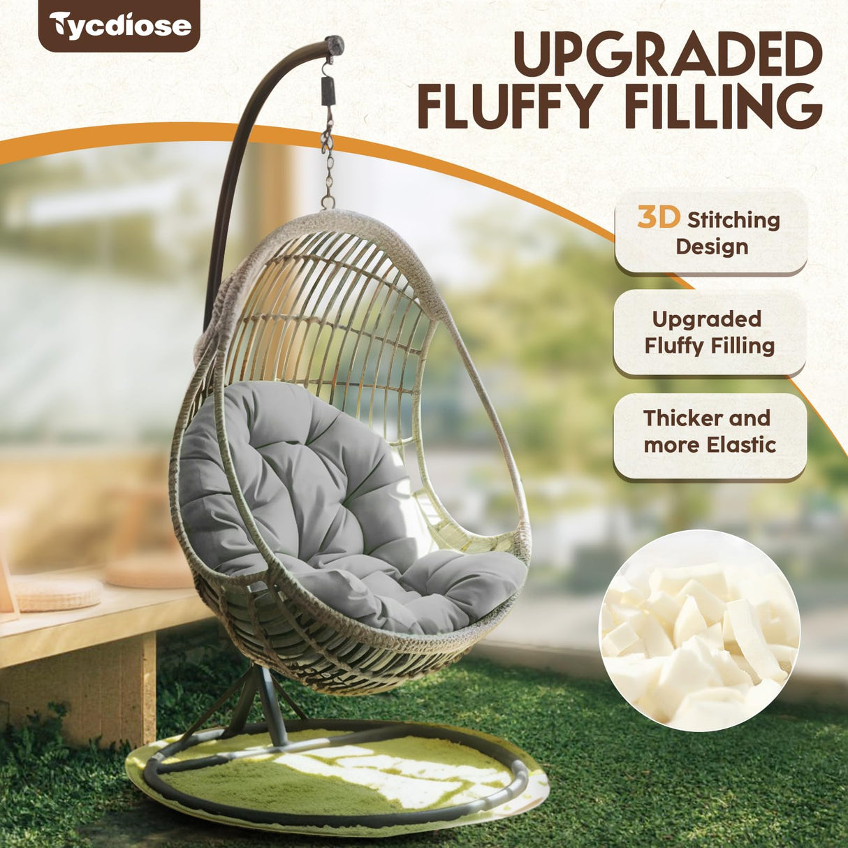 Tycdiose Egg Chair Cushion Replacement, Waterproof Outdoor Hanging Egg Swing Chair Cushions Pads, U-Shaped Thickened Cushions for Hanging Eggs Chair with Ties, 47x33x7 Inches (Grey) Tycdiose