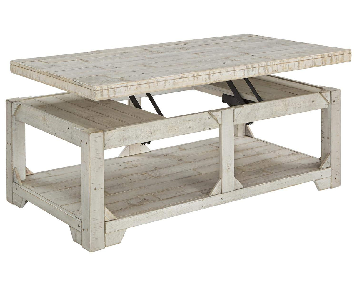Signature Design by Ashley Fregine Farmhouse Rectangular Lift Top Coffee Table with Floor Shelf, Whitewash with Weathered Finish Signature Design by Ashley