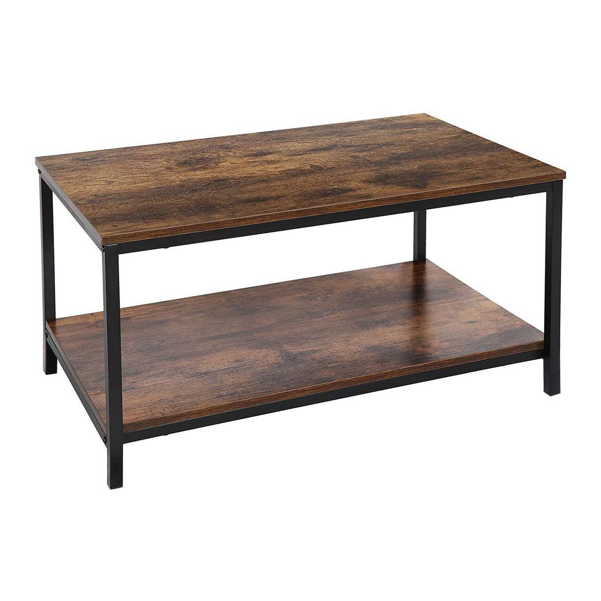 SUPER DEAL 2-Tier Industrial Coffee Table with Storage Shelf for Small Apartment Living Room, Rectangle Wood and Stable Metal TV Stand Side End Table, Rustic Brown SUPER DEAL