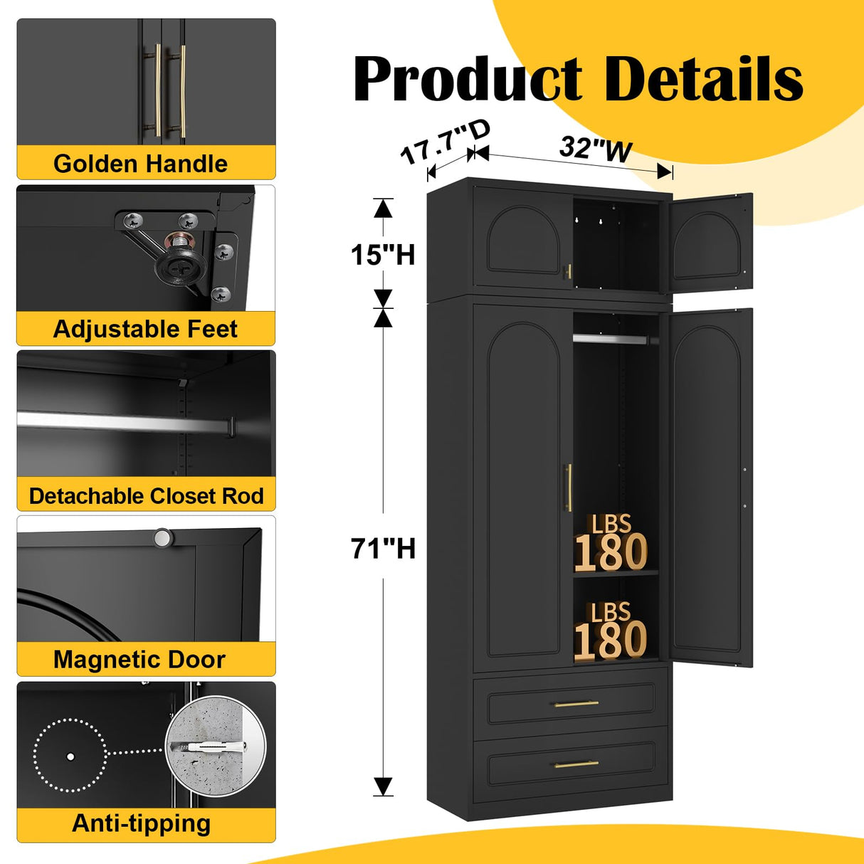 SteeLoong 86" Metal Armoire Wardrobe Closet with 2 Drawers,Tall Clothing Storage Cabinet with Adjustable Shelves and Hanging Rod,Black Wardrobe Closet for Bedroom,Home,Office,Gym SteeLoong