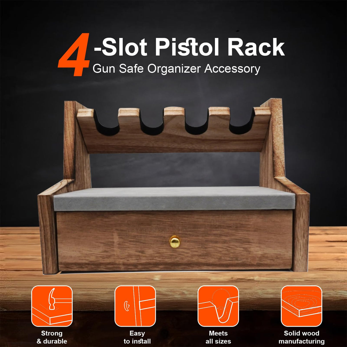 Lanmik Wooden Pistol Rack With Drawer for Gun Storage Solid Wood Gun Rack Holder Rustic Pistol Display Stand Gun Safe Organizer Accessory with 6 Lanmik