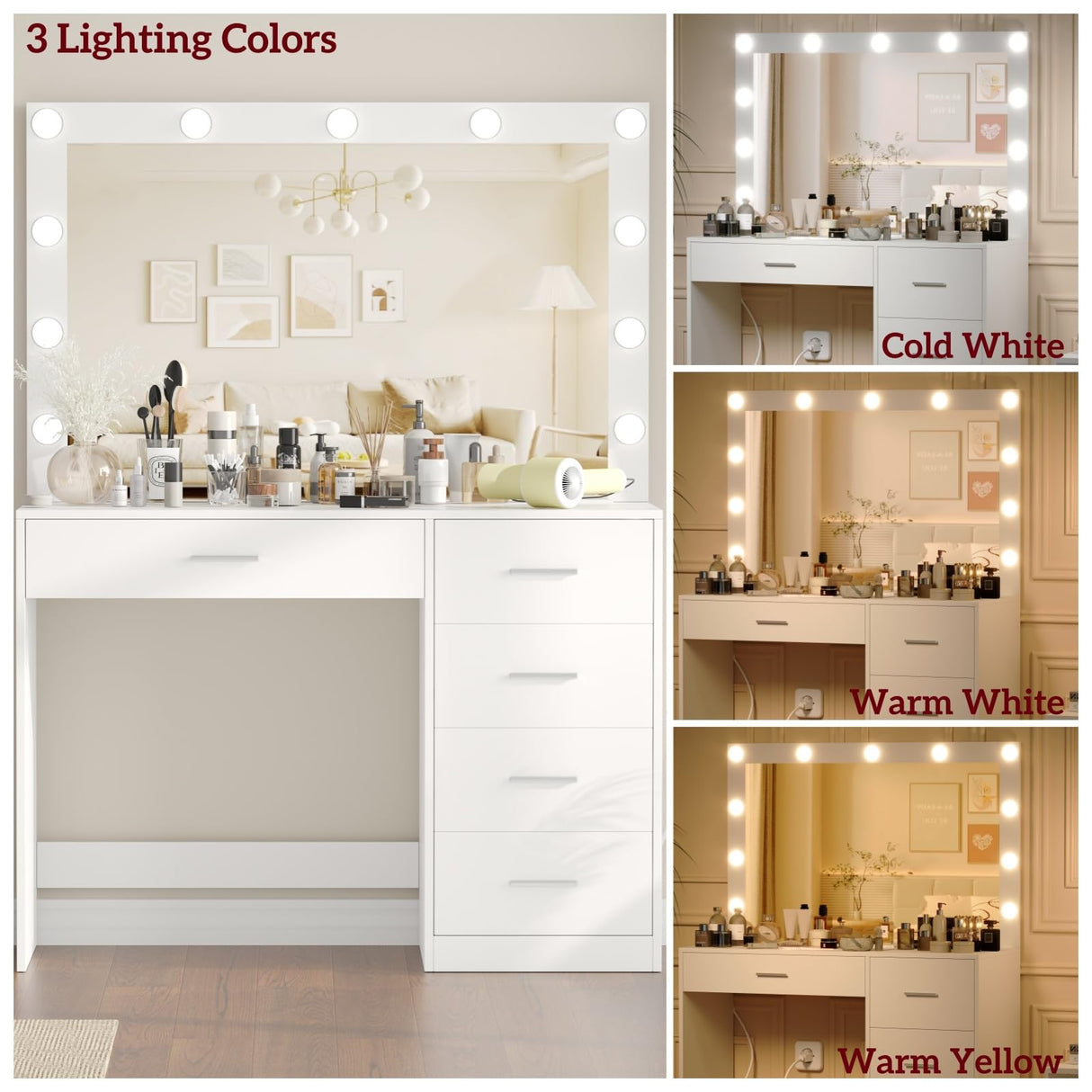 Irontar Vanity Desk with Charging Station, Makeup Table with Large Mirror, Makeup Vanity with Lights, Brightness Adjustable, Dressing Table Desk with 5 Drawers, Bedroom Vanity Table, White WDT010W Irontar