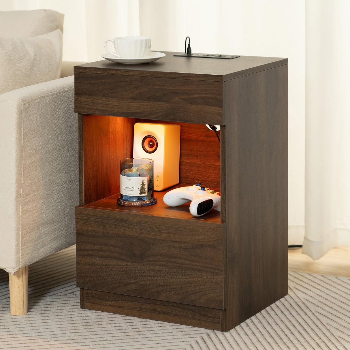 HOMMPA Open Shelf LED Nightstand with Charging Station Dark Walnut 2 Drawers Bedside Table with Led Light Night Stand with Storage Smart Nightstand Wood Night Table Mid Century for Bedroom Furniture HOMMPA