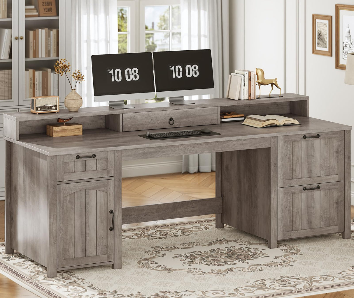 SEDETA Farmhouse 63" Executive Desk, Wood Computer Desk with Drawers and Storage Cabinet, Home Office Desk with File Drawer and Monitor Stand, Wood Desk for Work Study Writing, Grey SEDETA