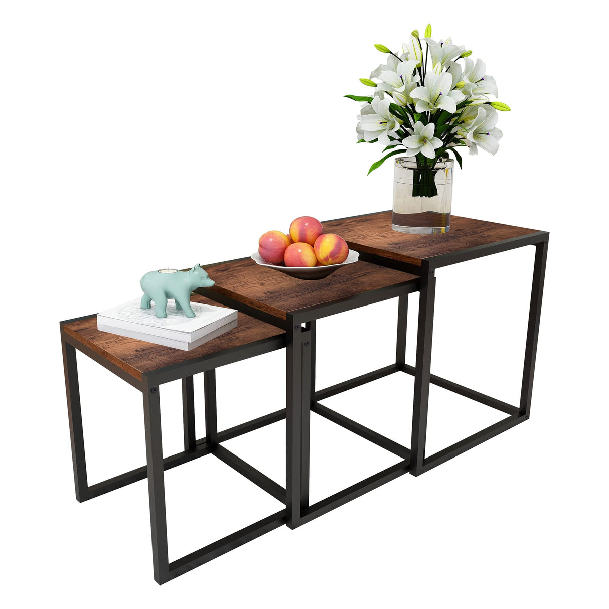 HAHRIR Nesting Table Set of 3 Side Tables, Modern Coffee Table Stacking End Table with Metal Frame,Brown HAHRIR