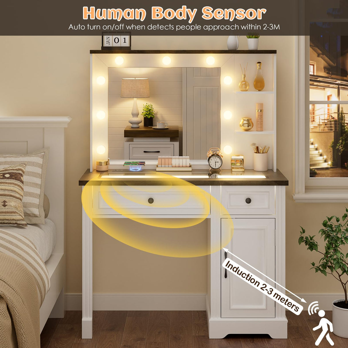 BROTTAR Large Vanity Desk with Mirror and Lights, Farmhouse Makeup Vanity with Wireless Charging Station, White Dressing Table with 2 Drawers & Storage Cabinet for Bedroom, Dressing Room BROTTAR