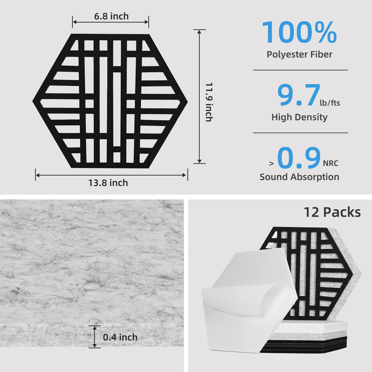 12 Pack Self-adhesive Acoustic Panels, Hexagon Sound Proof Panels, 14 X 12 X 0.4 In Sound Absorbing Panels, Flame Resistant, High-Density Sound Dampening Panels for Recording Studio Home, Offices Tutmyrea