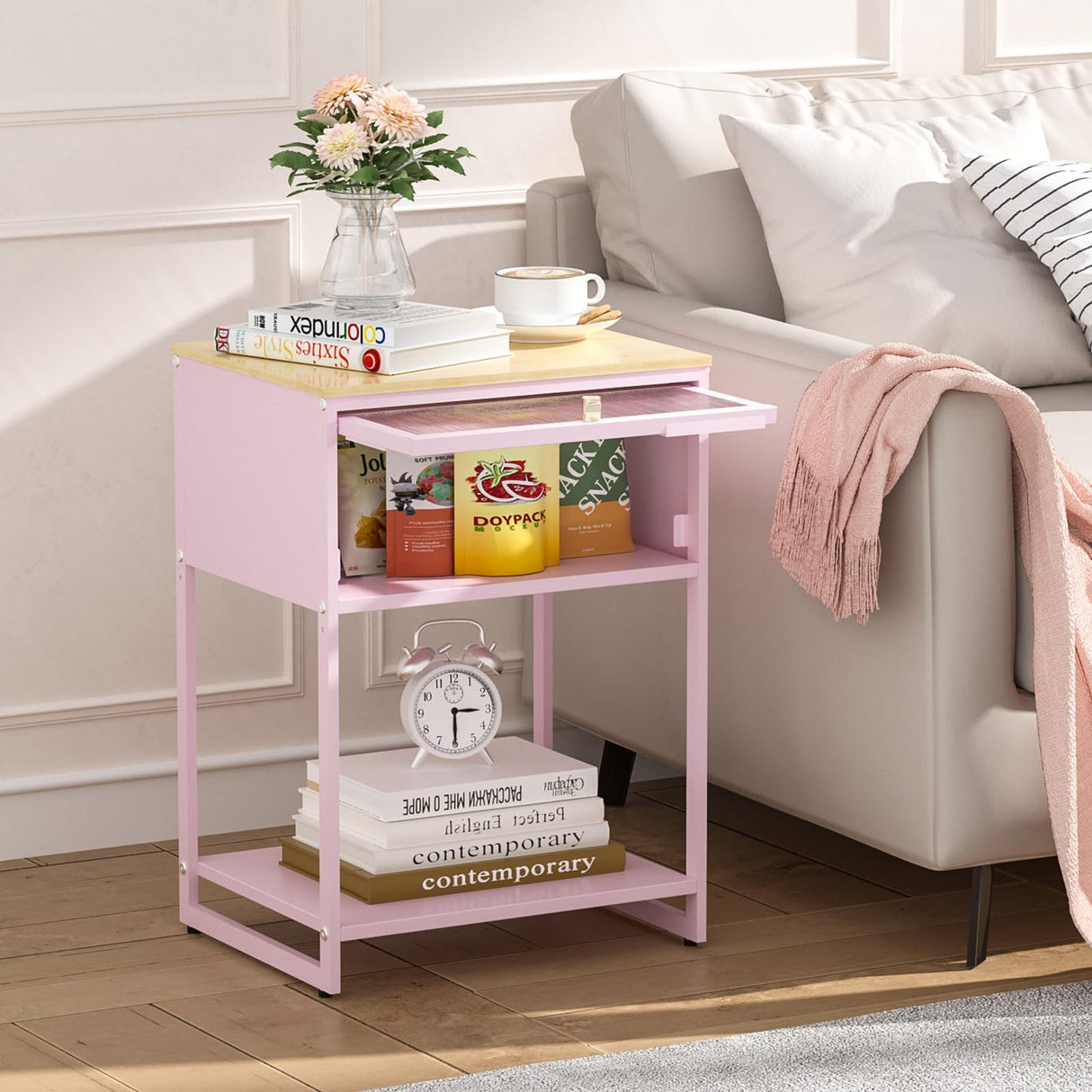 SYKIARIOL Pink Nightstand,End Tables with Storage Drawer,Bedside Table with Open Storage Shelf,Metal Side Table,Durable Wood Top Side Table for Bedroom,Living Room,Dorm,Guest Bedroom,Pink SYKIARIOL