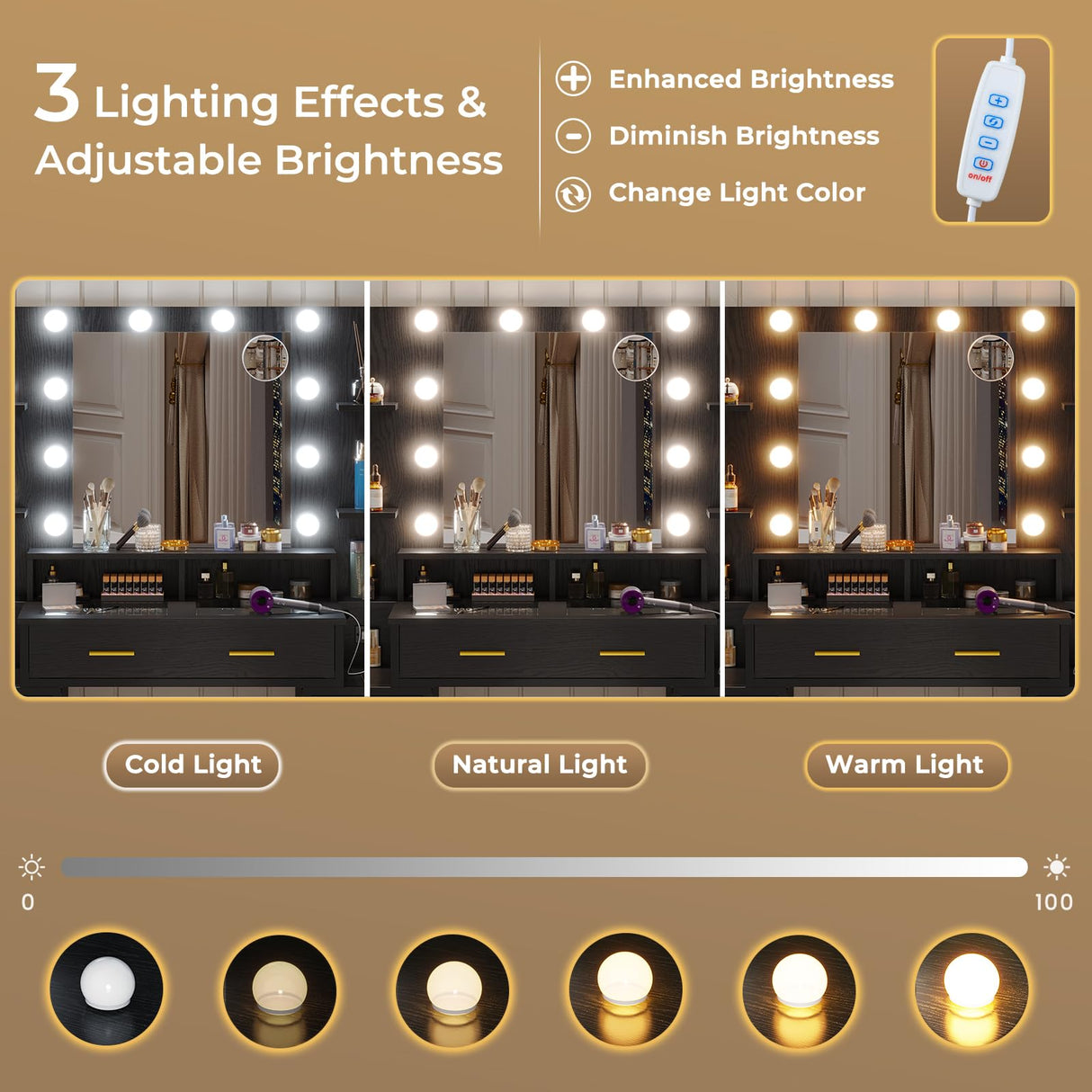 BTHFST Vanity Desk with Lights, Mirror, Charging Station - Black Wood Grain BTHFST