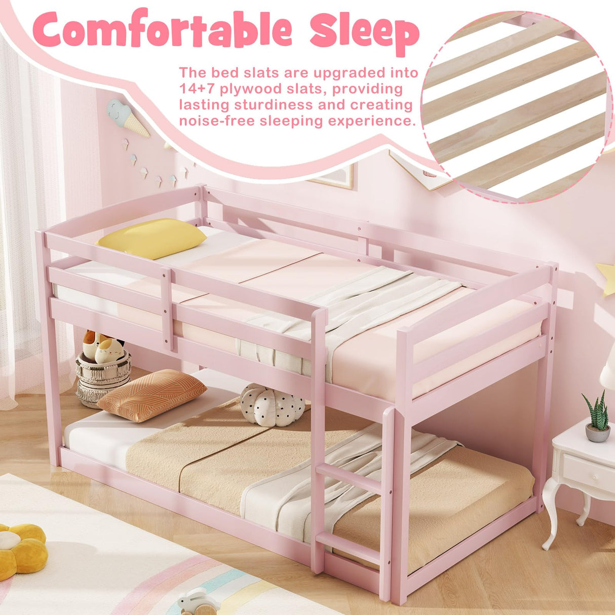 KOMFOTT Low Bunk Bed Twin Over Twin, Solid Wood Bunk Bed Frame with Built-in Ladder & Safety Guardrails, Space-Saving Low Bunk Bed for Kids, Teens, No Box Spring Needed KOMFOTT