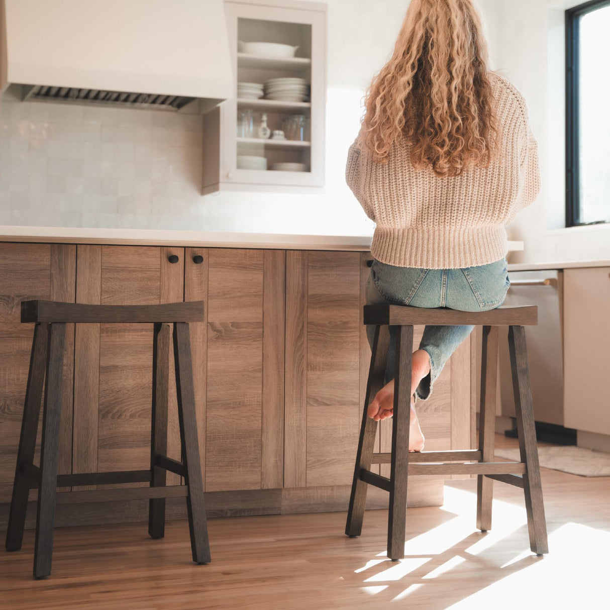 Maven Lane Vincent Counter Stool – 26 Inches – Rectangular Stool with Footrest – Brown Solid Wood – Space-Saving Design for Kitchen Counters & Islands Maven Lane