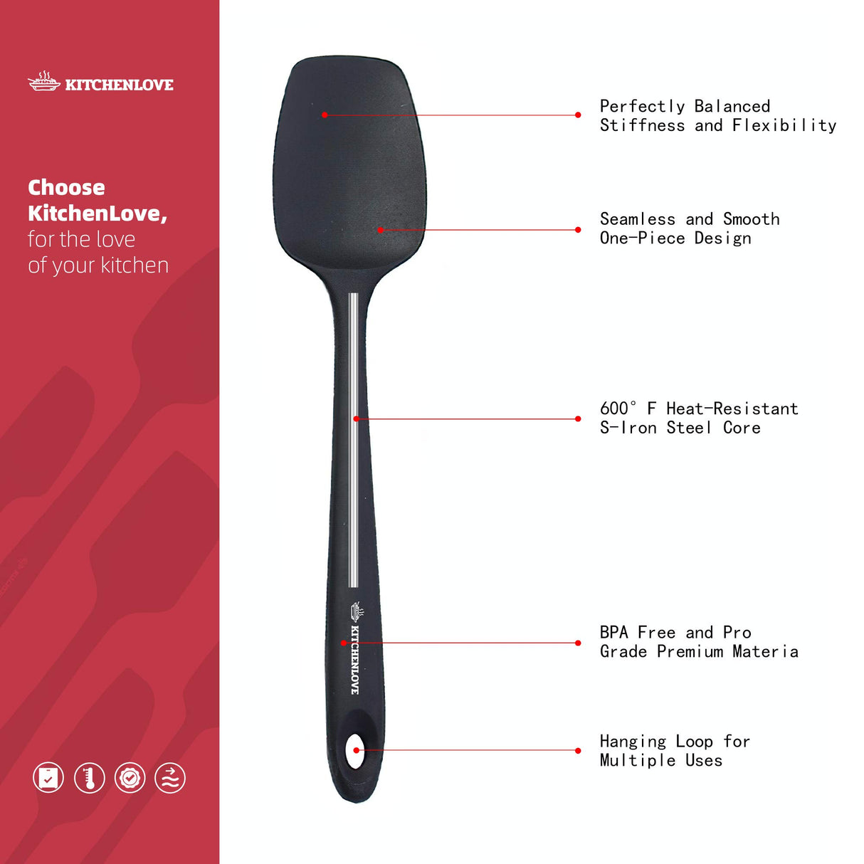 KITCHENLOVE Premium 600°F Heat Resistant 5 Piece Silicone Spatula Set for Baking, Cooking, Mixing - Non-Stick with High Grade S-Iron Steel Core - One Piece Seamless Design - BPA Free (Black) KITCHENLOVE