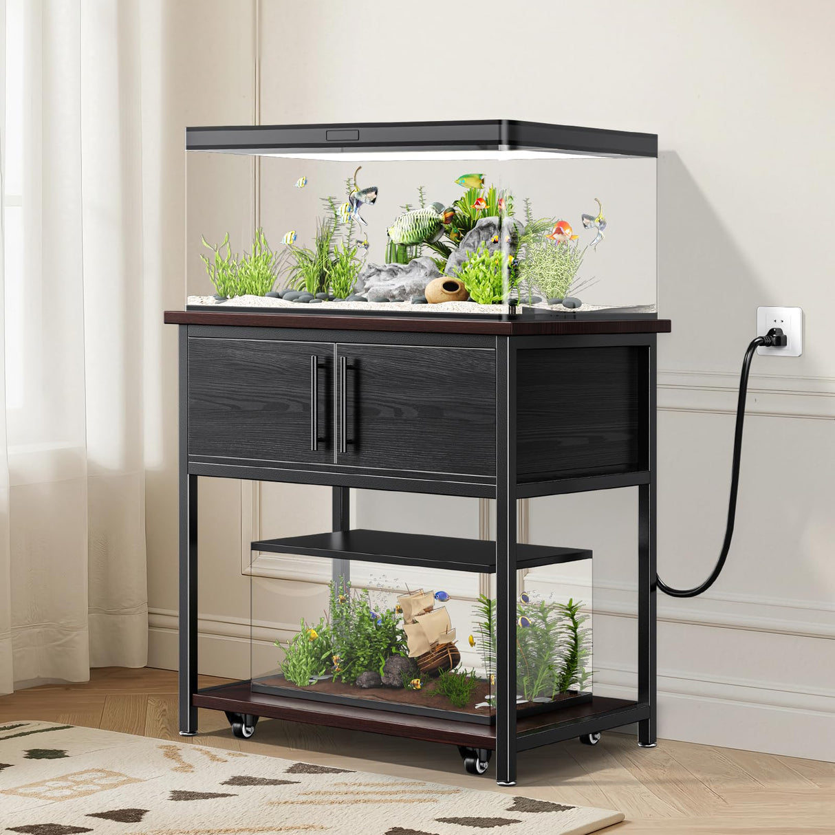 20-29 Gallon Fish Tank Stand with Power Outlet and Storage Cabinet,Aquarium Stand with Slide-Out Fish Tank Shelf,Heavy Duty Metal Frame and Waterproof Wood,31.5" L x 15.7" W 770LBS Capacity POKIPO
