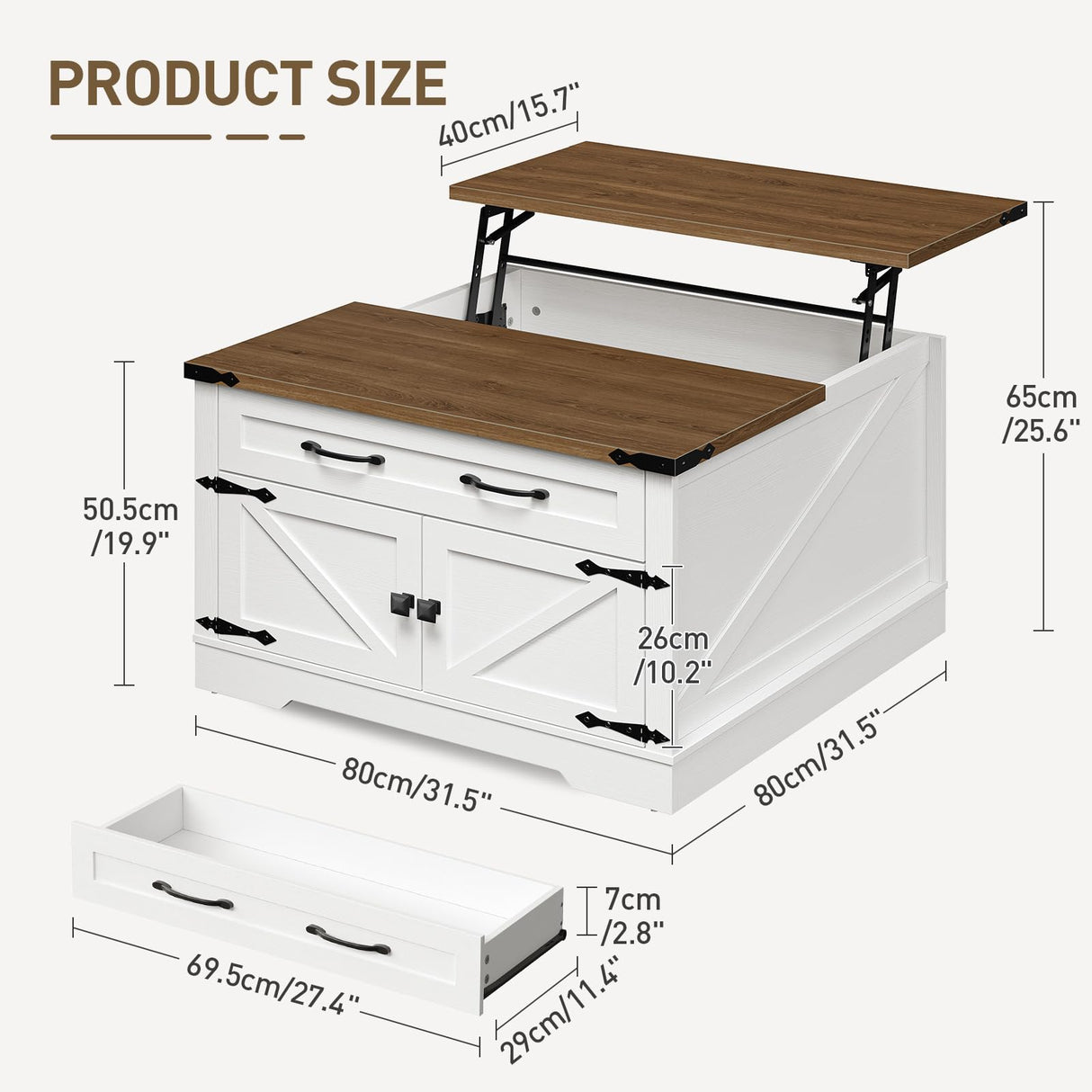 RALGEND Farmhouse Lift Top Coffee Table with Storage, Square Wooden Center Table with Drawers for Living Room, Rustic Coffee Table with Hidden Compartment, White and Walnut