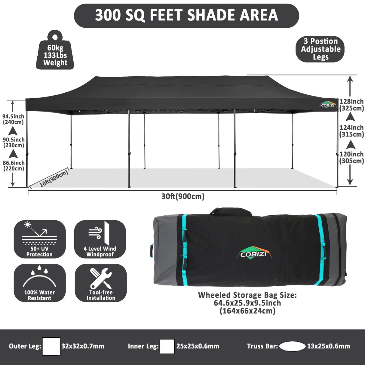 COBIZI 10x30 Pop Up Canopy Without Sidewall,Heavy Duty Canopy UPF 50+ All Season Wind Waterproof Commercial Outdoor Wedding Party Tents for Parties Gazebo with Roller Bag(10 x 30 ft Black) COBIZI