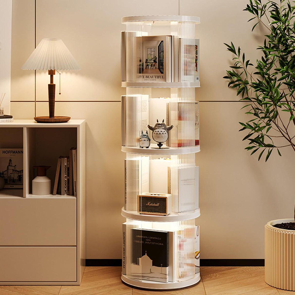 Zream 4 Tier Rotating Bookshelf, 360° Display Spinning Bookshelf Tower, Small Corner Bookshelf for Small Space, Vertical Rotate Turning Spiral Corner Organizer, Round Zream