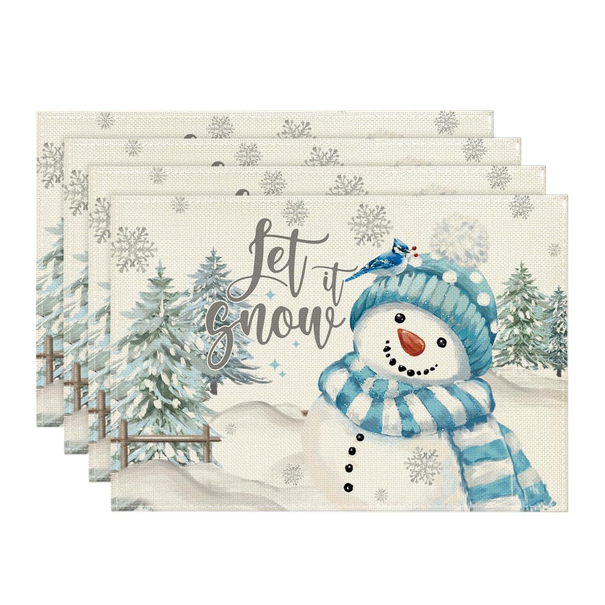 Artoid Mode Xmas Trees Let It Snow Blue Snowman Christmas Placemats Set of 4, 12x18 Inch Winter Table Mats for Party Kitchen Dining Decoration Artoid Mode