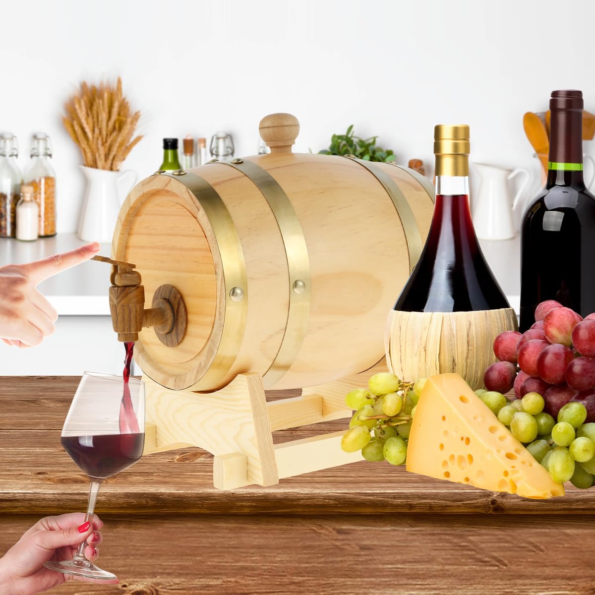 Mimoyalaso Wooden Wine Barrel - 1.5L Whiskey Barrel with Tap Pine Wood Beer Barrel Mini Whiskey Barrels for Home Alcohol Distiller Wine Storage Barrel for Wine Beer Brandy Whiskey Tequila Mimoyalaso