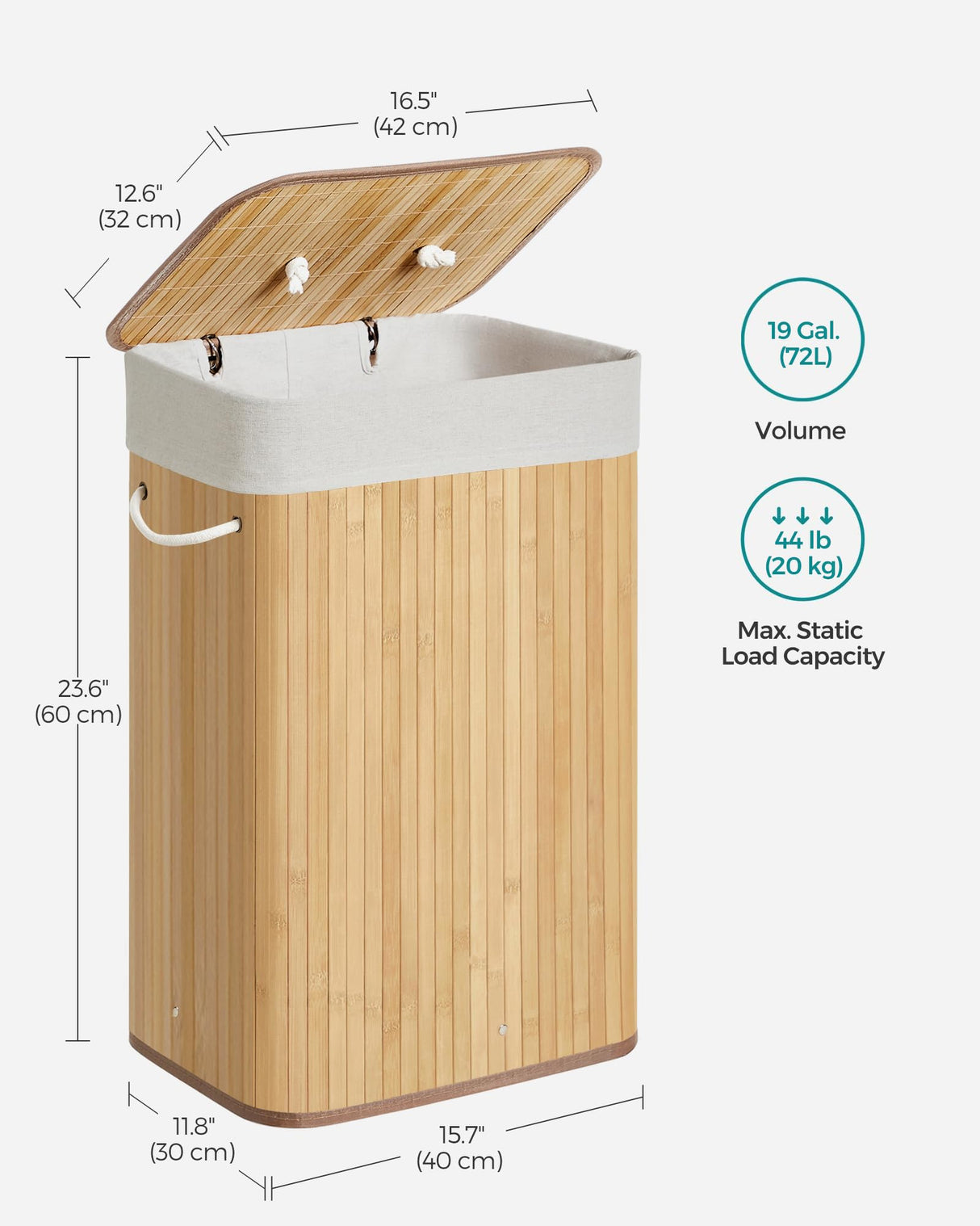 SONGMICS Foldable Laundry Hamper with Lid, 19 Gal. Bamboo Laundry Basket, Rectangular Storage Hamper with 3 Handles, 15.7 x 11.8 x 23.6 Inches, for Laundry Room, Bedroom, Natural ULCB10YV1 SONGMICS