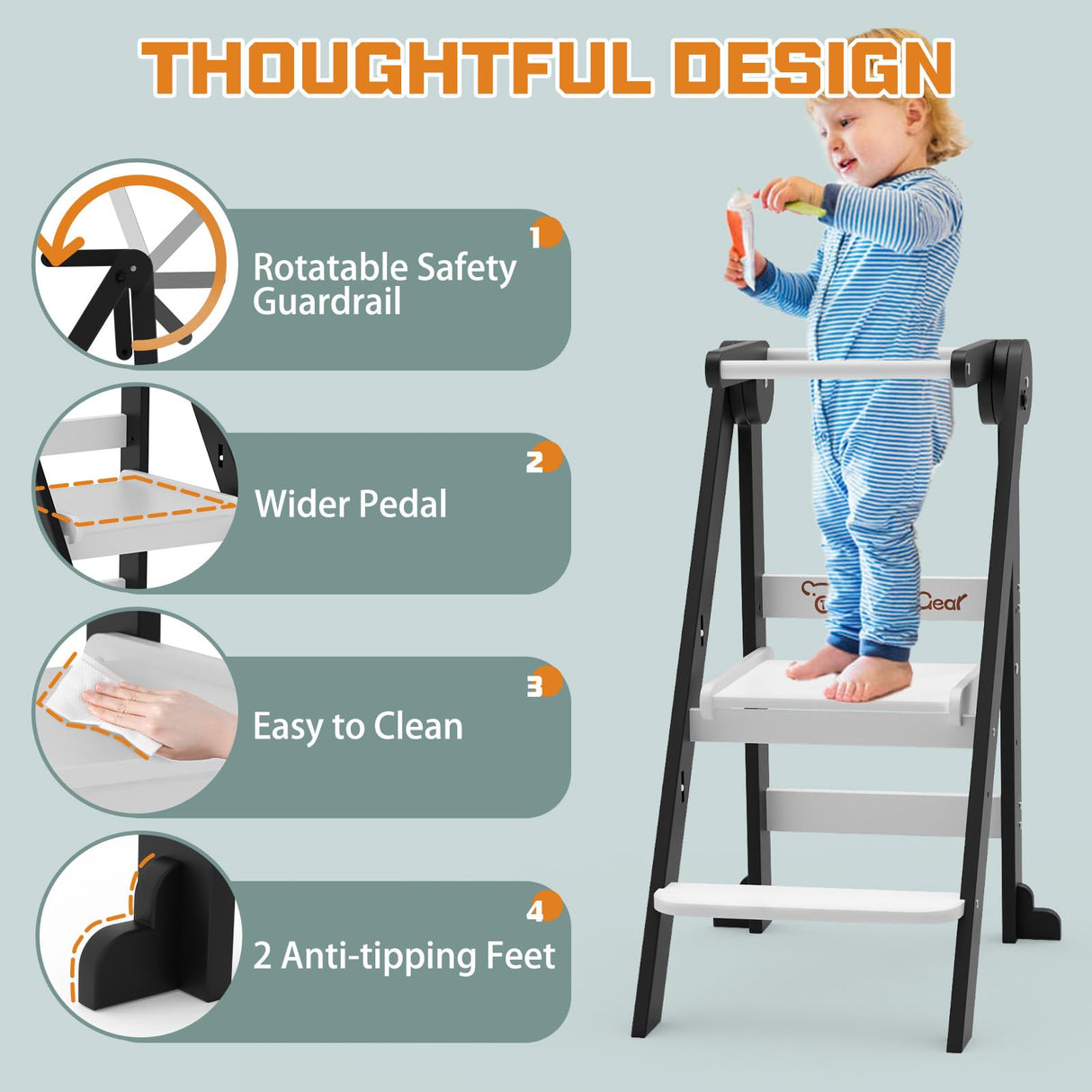 Foldable Toddler Kitchen Stool Helper, Toddler Tower with 3 Adjustable Height, Wooden Toddler Step Stool, Collapsible Toddler Tower, Toddler Stool for Kitchen and Bathroom CaMecequter