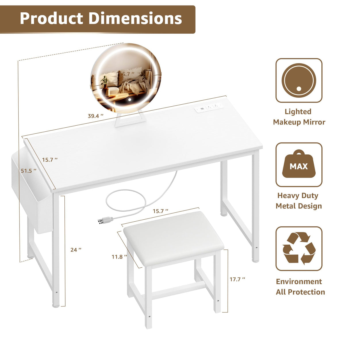 KAI-ROAD White Makeup Vanity Desk with Lights - 40“ Vanitys with Lighted Mirror & Power Outlet, Make Up Vanity Set with Chair, Dressing Table Vanities for Girls Bedroom KAI-ROAD