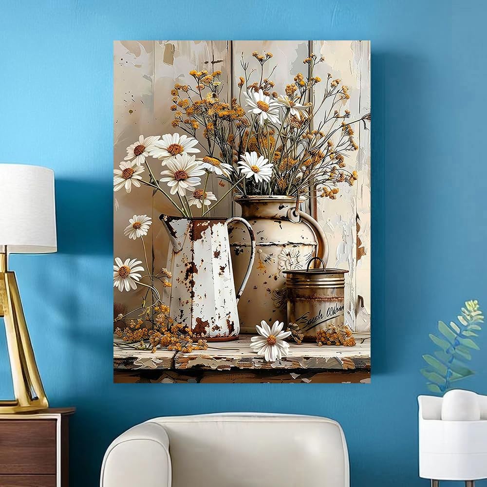 Rustic Flowers Diamond Art Kits for Adults - Daisy Diamond Painting Kits for Adults Beginner, DIY 5D Full Drill Gem Art for Home Wall Decor 12x16 inch Axquilon