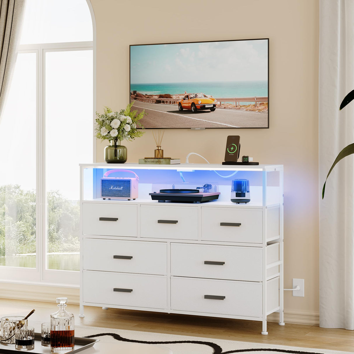 NASHZEN Dresser TV Stand with 7 Drawers, Dresser TV Stand with LED Lights & Power Outlets, Bedroom Dresser, Chest of Drawers up to 45'' Long TV, Wide Fabric Dresser with Open Shelf (White) NASHZEN