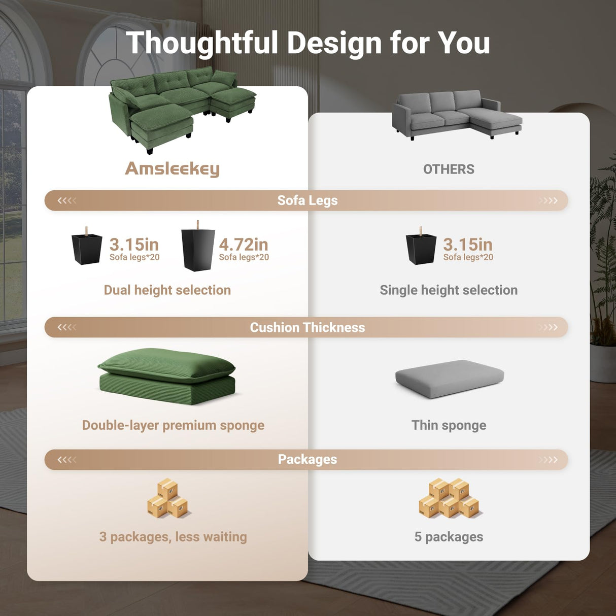 Amsleekey Modular Sectional Sofa, 111.5" U-Shaped Corduroy Comfy Sectional Couches for Living Room, 3-Seater Cloud Couches with 2 Movable Ottomans, Flexible Combination Modern Deep Seat Sofa (Green) Amsleekey