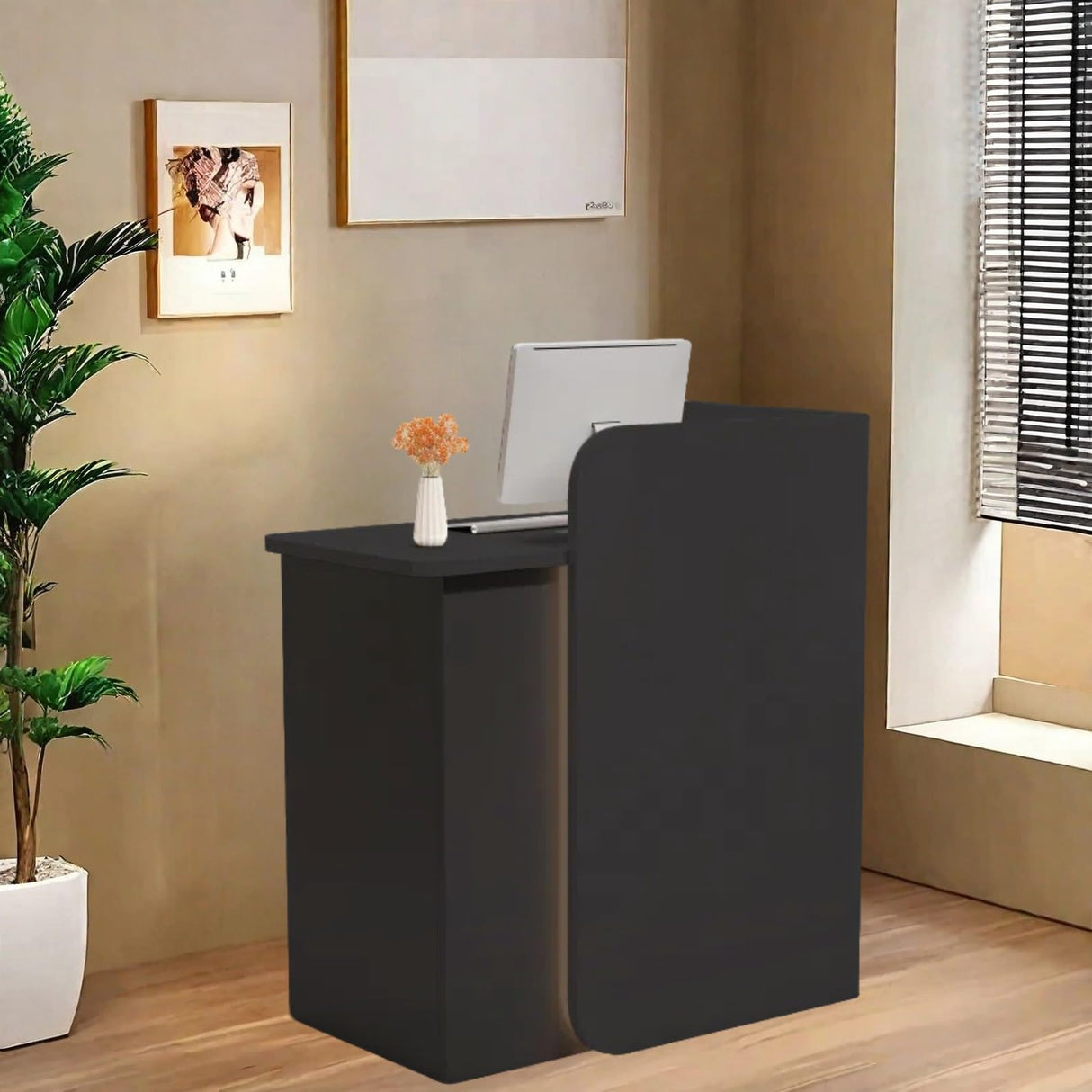 HEOTJUUQ Modern Reception Desk with Curved Privacy Panel & LED Light Strip, Lockable Drawers, 6 Color Options Front Counter Desk, Retail Checkout Counter for Salon, Office, Boutique(Black) HEOTJUUQ