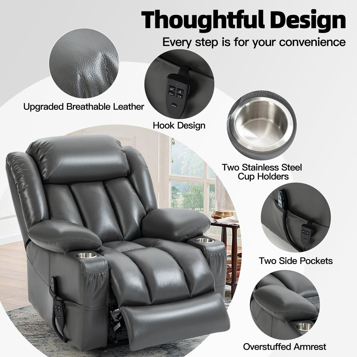 EZZUP Lay Flat Lift Recliner Chair with Massage & Heat for Elderly People, Electric Power Lift Chair w/Dual Motor, 2 Stainless Steel Cup Holders and 2 Remote Controls, Breathable Faux Leather Grey EZZUP