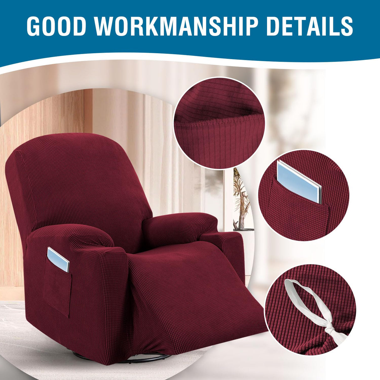 H.VERSAILTEX Stretch Couch Cover Recliner Cover Electric Power Lift Recliner Chair Cover Fitted Standard Large Power Lift Recliner with Side Pocket, Soft Thick Jacquard(Single Seat, Burgundy) H.VERSAILTEX