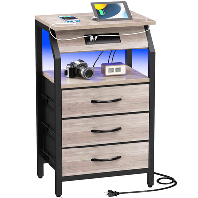 SZLHANJZ End Table with 3 Drawers, Night Stand with Charger Station and LED Lights, Small Nightstand with Fabric Storage, Farmhouse Side Table for Bedside, Living Room, Dorm, Greige