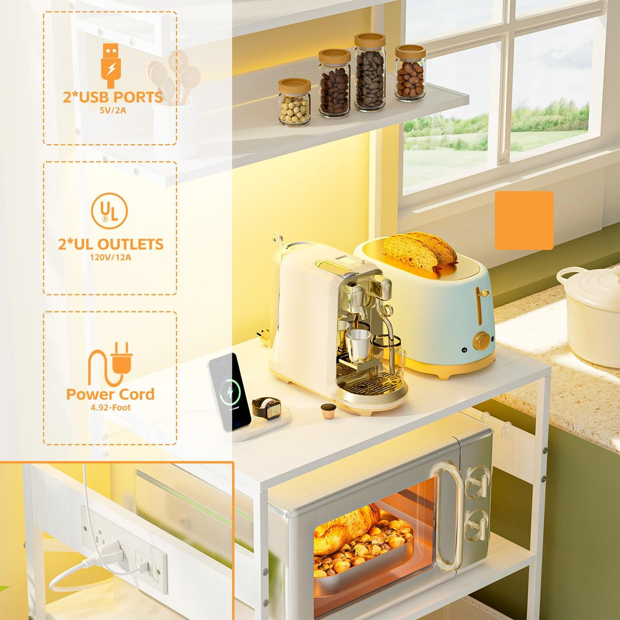 YIPPPPE Bakers Rack with Power Outlet, 5-Tier Microwave Stand with Fabric Drawer and 5 Hooks, Coffee Bar Table with LED Light, Kitchen Storage Shelf Rack for Spices, Pots and Pans, White YIPPPPE