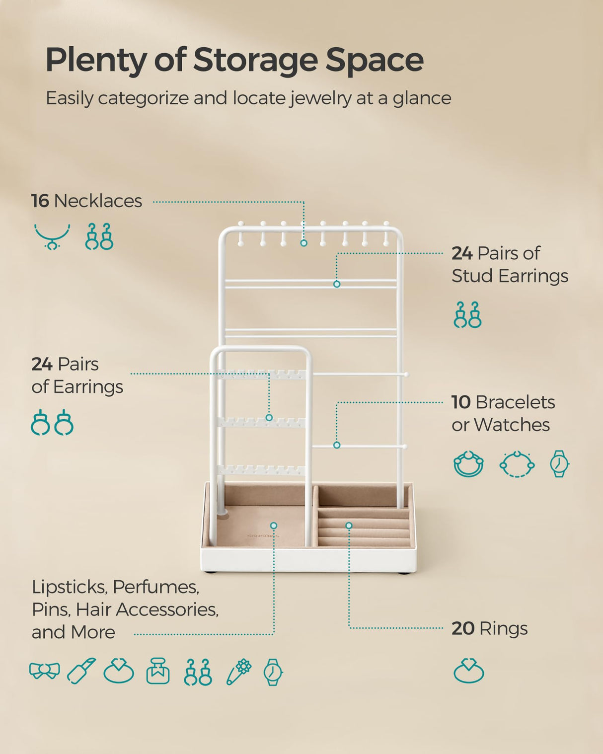 SONGMICS Jewelry Holder, Jewelry Organizer, Jewelry Display Stand with Metal Frame, Velvet Tray, Necklace Earring Bracelet Holder, for Studs, Rings, Gift Idea, Matte White UJJS021W01 SONGMICS