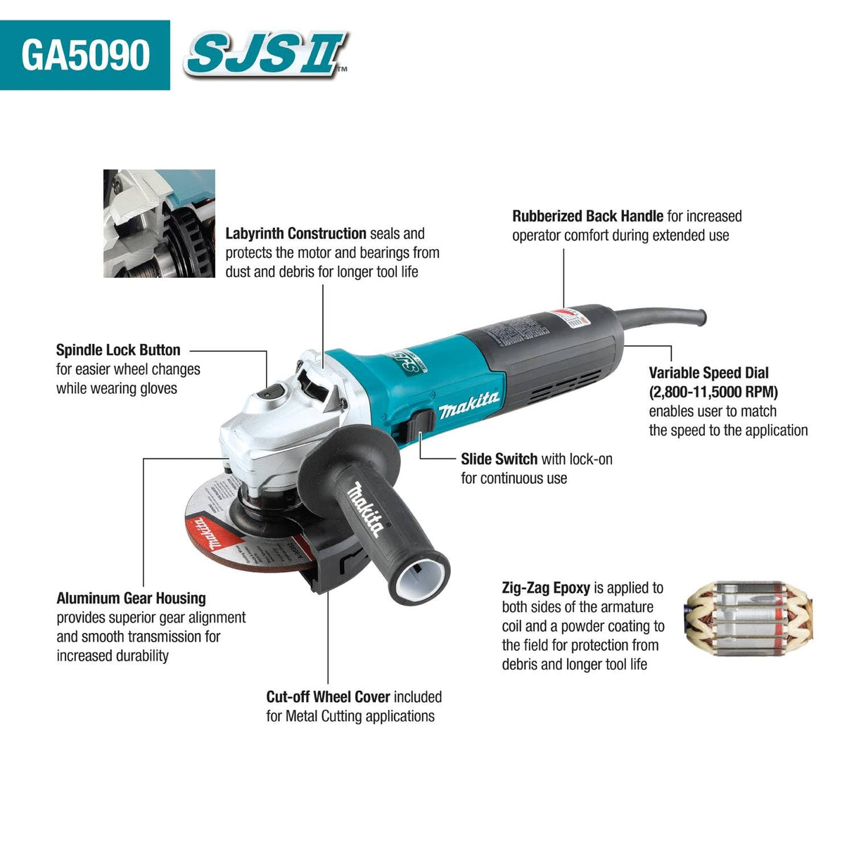 Makita GA5090 5" SJS™II High-Power Angle Grinder Makita
