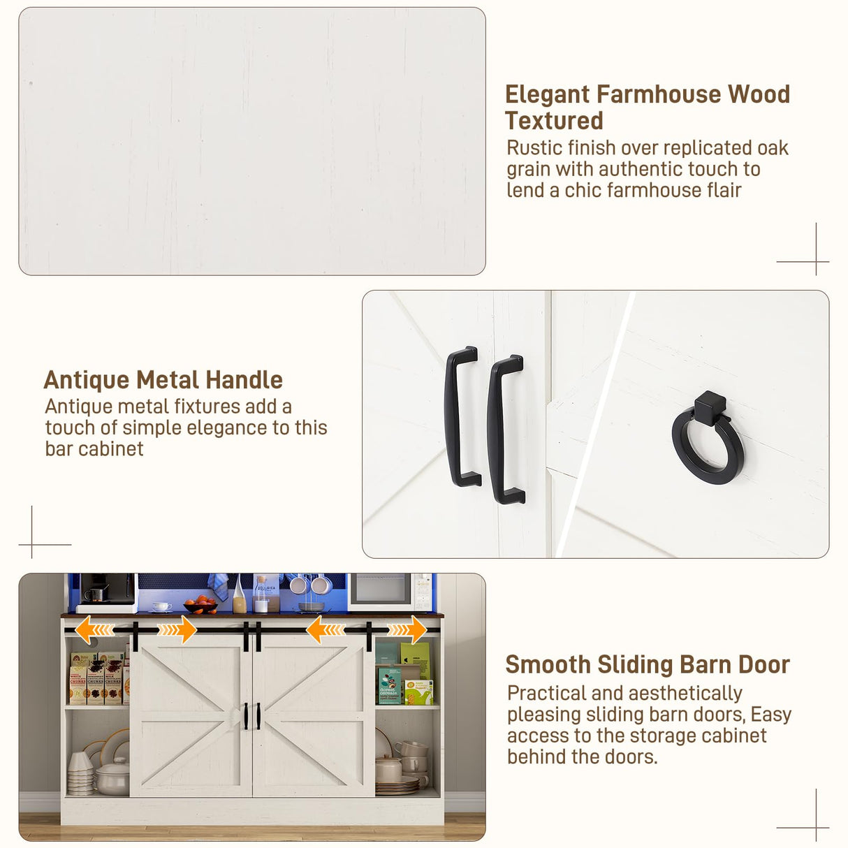 74" Tall 63" Wide Large Coffee Bar Cabinet w/ Outlet,6000-color LED Light,Pegboard,Farmhouse Hutch Cabinet w/Barn Door,2 Big Drawers,Adjustable Shelves,10 Wine & Glasses Rack,5 Hook for Kitchen,White chartustriable